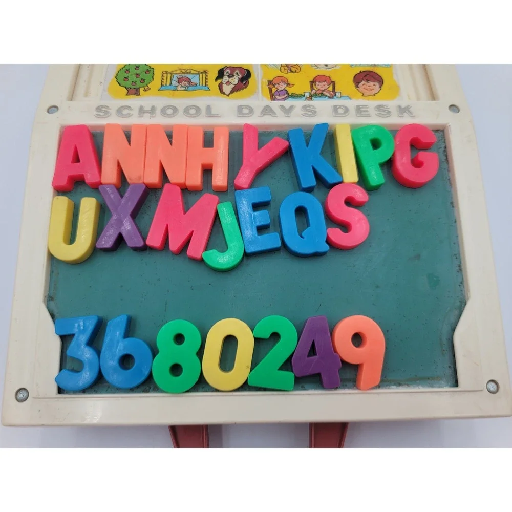 VTG 1972 Fisher-Price School Days Desk Magnetic Letters Numbers‎ Stencil Cards